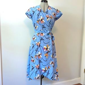 Blue Floral Wrap Midi Dress